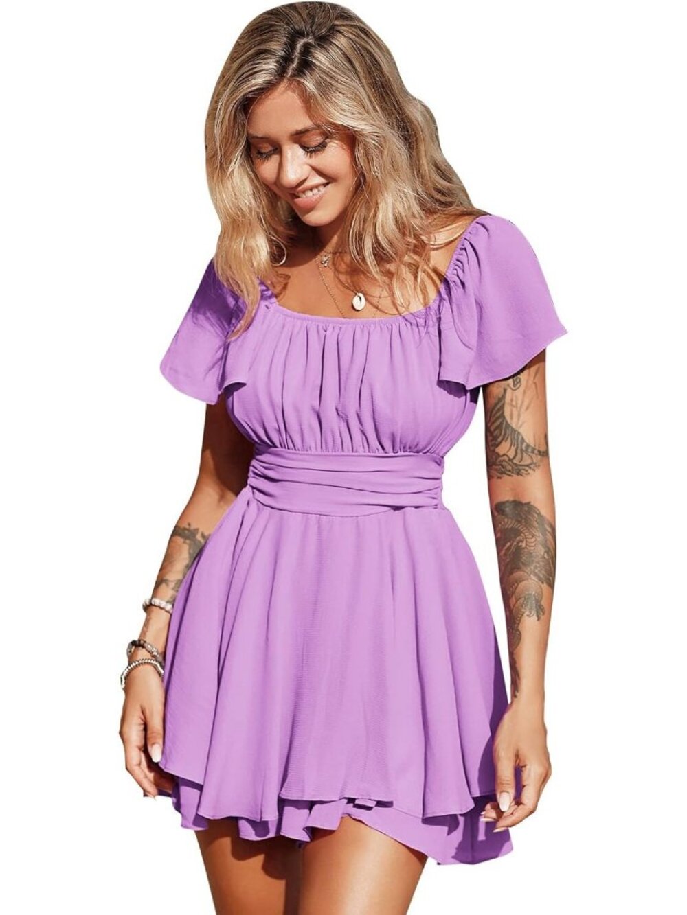 Women's Purple Ruffle Short Sleeve Tie Back Square Neck Polyester Romper